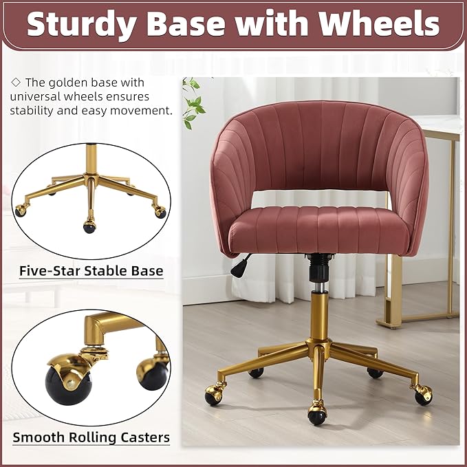ABET Desk Chair with Wheels, Velvet Home Office Chair, Swivel Armchair Gold Base, Upholstered Modern Accent Chairs, Back Incline Adjustable for Living Room Bedroom Vanity, Bean Paste Red