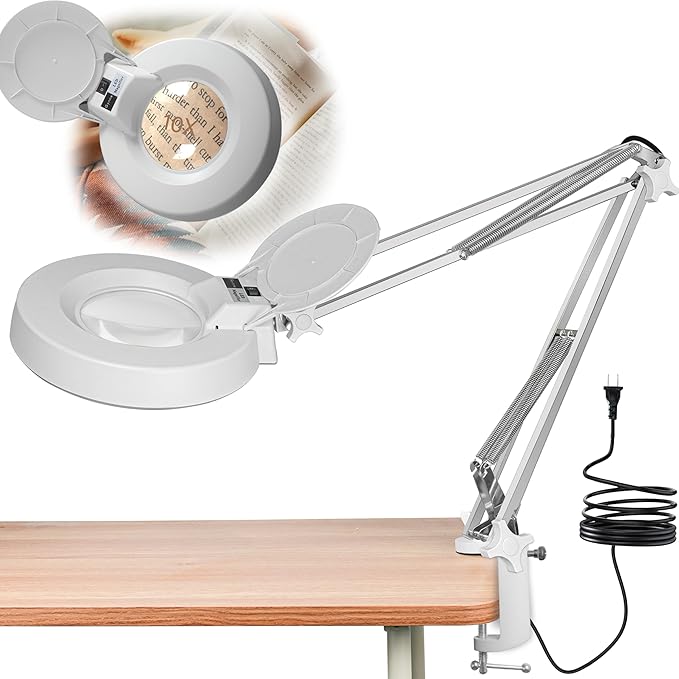 10X Magnifying Glass with Light and Stand, Lighted Magnifying Glasses for Close Work, Reading, Crafts, Jewelry, Sewing, Soldering, Desk Lamp with Adjustable Stainless Steel and Real Glass Magnifier