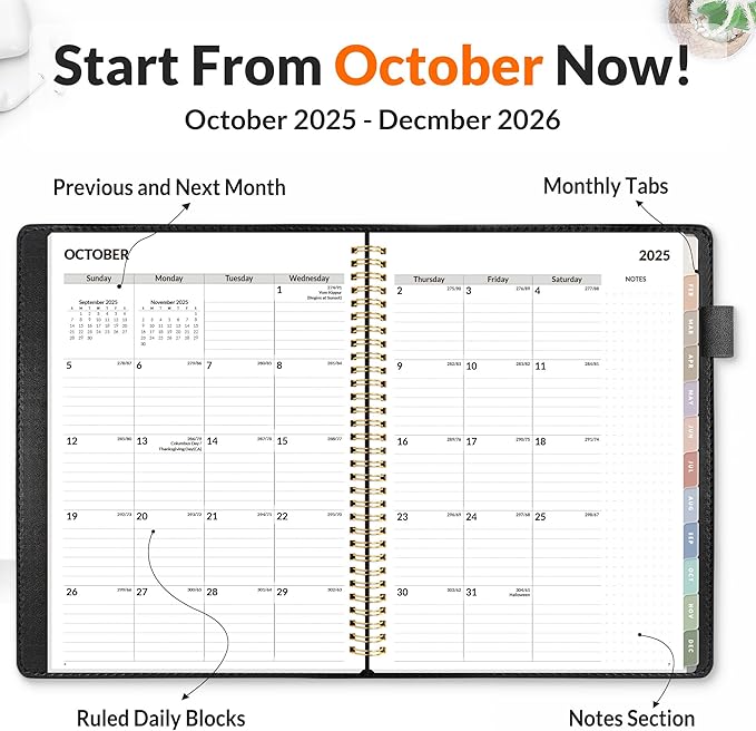 SUNEE 2026 Weekly & Monthly Planner 9"x11.2"- 12 Month (January 2026 - December 2026), Vegan Leather Cover, Pocket, Bookmark, Notes, Monthly Tab, Black