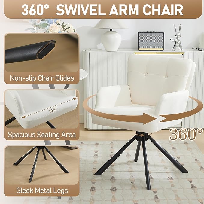 Fabric Dining Chair Set of 2 Modern Upholstered Swivel Dining Room Chairs Comfy Accent Armchair with Mid Back, Desk Arm Chair No Wheels for Kitchen/Living Room/Dining Room, White