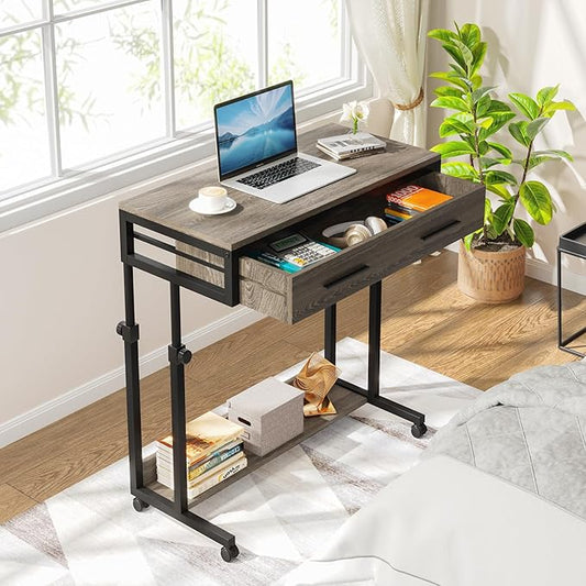 Tribesigns Portable Desk with Drawers, Mobile Laptop Desks with Wheels, Couch Desk Sofa Side Table, Small Standing Desks for Home Office (Retro Grey)