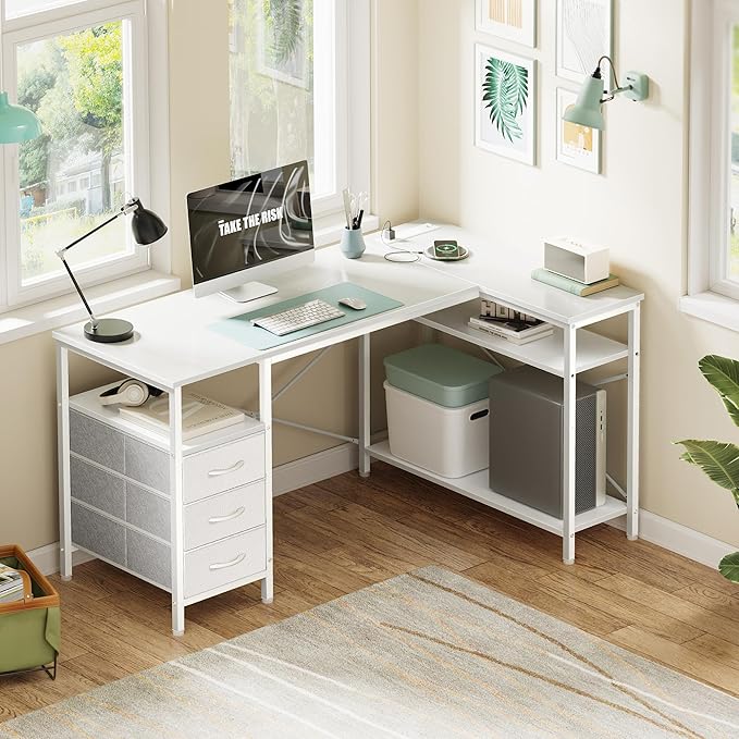 Huuger L Shaped Office Desk with Power Outlets, 47 Inch Computer Desk with 3 Drawers, Shelves, for Gaming, Corner Work, Home Office, Study, White