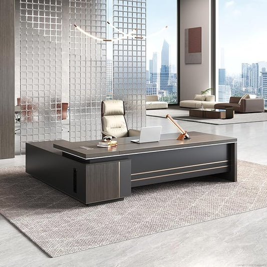 Reversible L Shaped Executive Desk with Drawers, Storage Cabinets, Power Box & Storage Shelves – Modern Office Desk with Privacy Panel (Obsidian Grey+Mocha Walnut, 79" L * 65" W * 30" H)