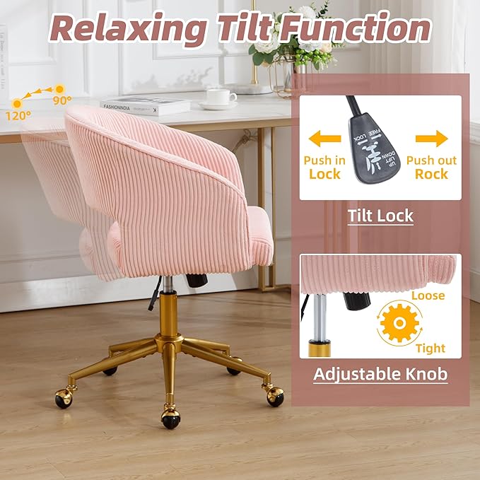ABET Desk Chair with Wheels, Corduroy Home Office Chair, Swivel Armchair Gold Base, Upholstered Modern Accent Chairs, Back Incline Adjustable for Living Room Bedroom Vanity, Pink