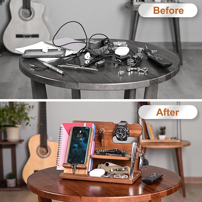 TESLYAR Wood Phone Docking Station for Men - Desk or Nightstand Organizer - Birthday Gifts for Husband or Dad - Anniversary Idea from Wife - Key Holder, Stand Wallet, Watch & Essentials (Earth Beige)