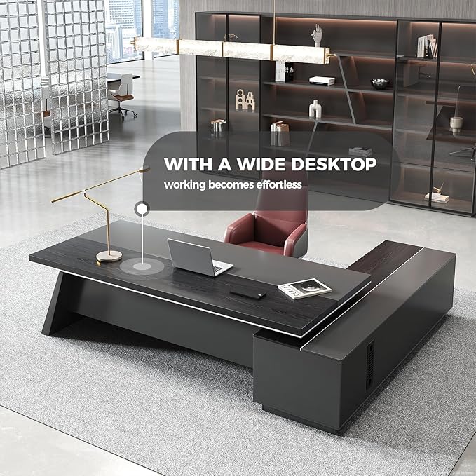 L Shape Executive Desk with Drawers – Modern Large Office Desk for Home Office, Spacious Computer Workstation with Storage Cabinets, Black Finish (Black/Left, 79" L * 63" W * 30" H)