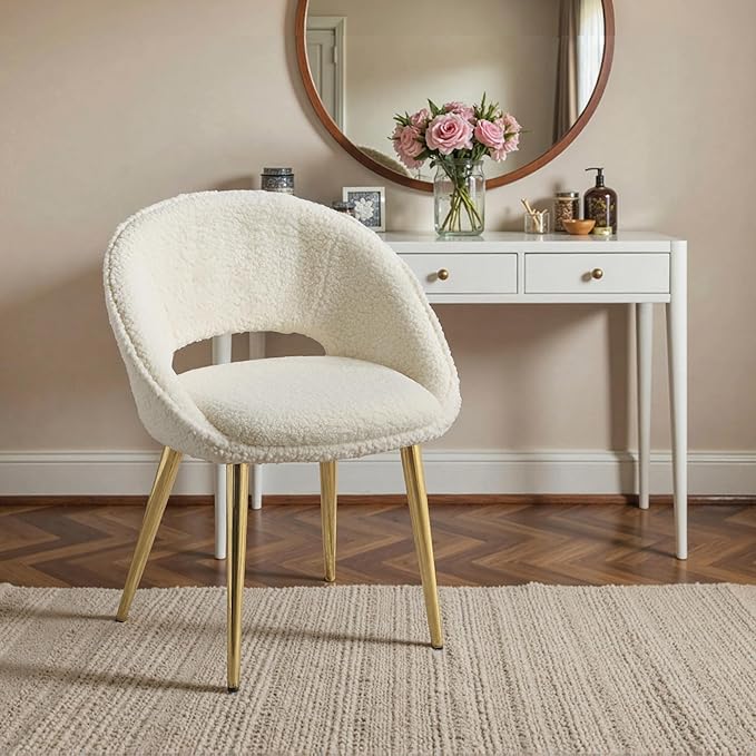 KCC Fluffy Desk Chair Set of 2, Faux Fur Accent Chair, Comfy Modern Leisure Armchair No Wheel, Upholstered Elegant Fuzzy Chair with Metal Legs for Teens Women Girls, Home Vanity Makeup Office Chair