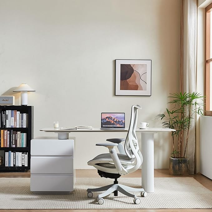 White Writing Desk with Drawers, 63 Inch Modern Computer Executive Office Desk with Sintered Stone Tabletop and Storage, Wood Home Office Desk for Bedroom, Living Room