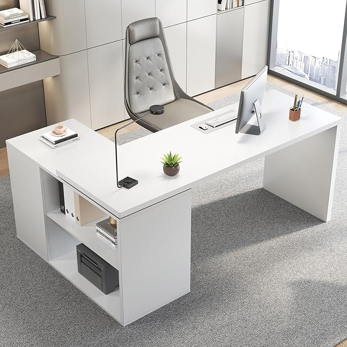 HSH White L Shaped Desk with Drawers Shelves, 360 Rotating L Shape Computer Desk with Storage Cabinet, Corner Home Office Desk Computer Table，55 Inch