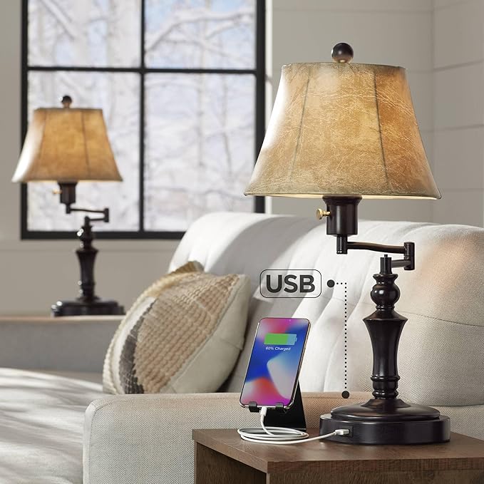 Regency Hill Corey Hill Traditional Rustic Natural Cottage Swing Arm Desk Table Lamps 21.75" High Set of 2 with USB Charging Port Bronze Metal Faux Leather Bell Shade for Living Room Bedroom