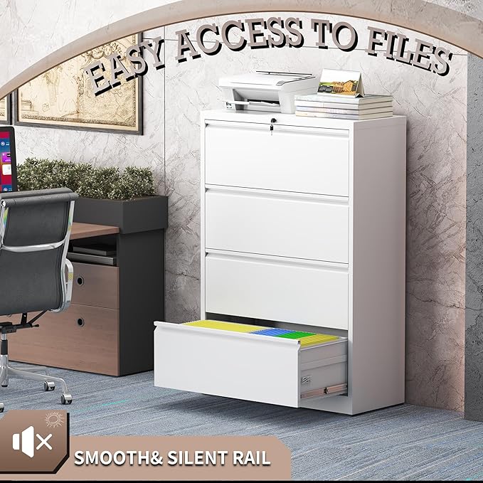 4 Drawer Lateral File Cabinet with Lock, Metal File Cabinet, Lateral File Cabinets for Home Office, Heavy Duty File Storage Cabinet for Legal/Letter/A4 Document, Assembly Required, White