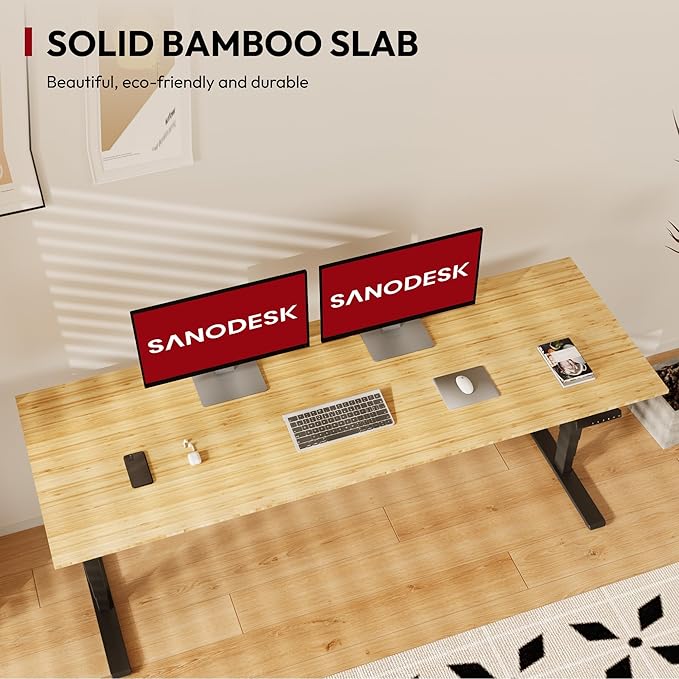 Standing Desk with Dual Motor, 3-Stage Lifting Column, Handset with 3 Preset and Sit-Stand Reminder - 78 inch Whole Piece Real Bamboo Desk/Black Frame, Height Adjustable Desk for Home and Office