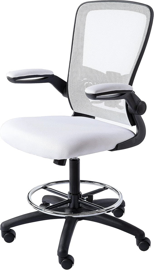 Serena Ergonomic Mesh Drafting Chair - Adjustable, Breathable Mesh, Lumbar Support, Ergonomic and Height Adjustable Flip-Top Office Chair with Foot Ring and Productivity - White
