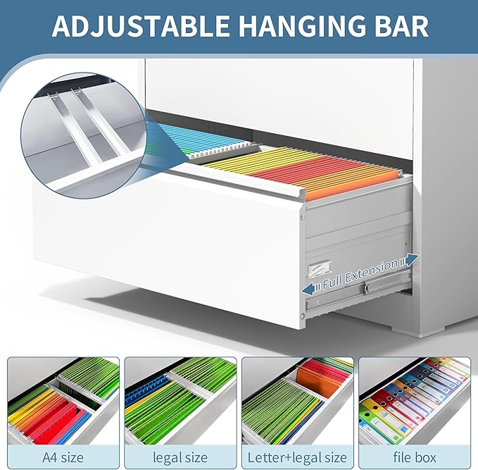 AQY 3 Drawer File Cabinet with Lock,Metal Lateral File Cabinets for Home Office,Steel Wide Filing Organization Storage Cabinets for Hanging Files Letter/Legal/F4/A4 Size Assembly Required(White)