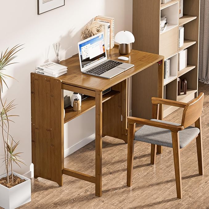 32.7" Bamboo Folding Desk, Space-Saving Foldable Computer Desk for Small Spaces, Portable Home Office Writing Desk for Bedroom, Study, or Apartment, Easy Assembly,Brown