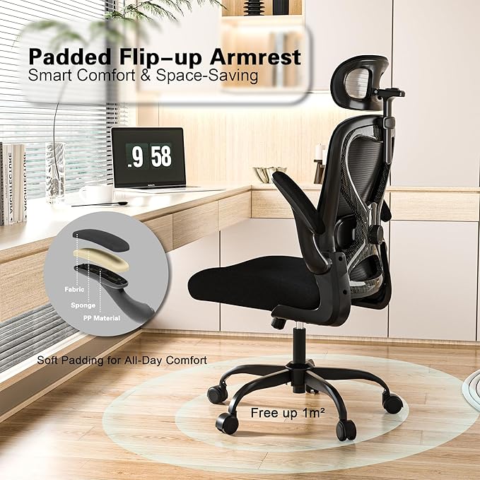 Office Chair for Back & Neck Pain Relief, Virgin Foam Seat, 2D Adjustable Lumbar & 3D Headrest, Flip-Up Armrests, Tilt & Rock for Relaxation, Black/Carbon Fiber