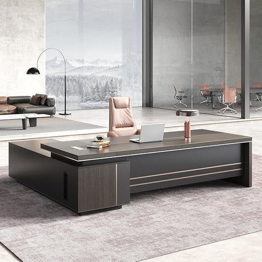 Reversible L Shaped Executive Desk with Power Box, Privacy Panel & Storage Shelves – Modern Executive Desk with Drawers for Office, Business & Home Workspaces