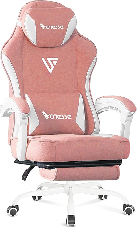 Vonesse Gaming Chair, Computer Chair Fabric with Pocket Spring Cushion, Office Chair with Footrest and Massage Lumbar Support, Reclining Gaming Chairs for Adults 250LBS (Pink)