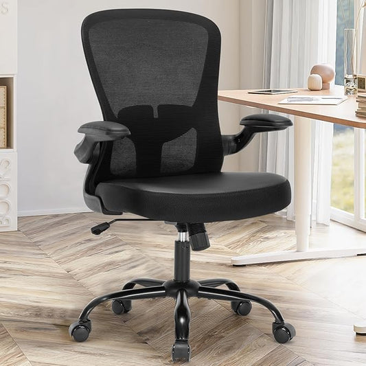 Office Chair, Ergonomic Mesh PU Leather Desk Computer Chair, with Lumbar Support, Adjustable Height, Executive Swivel Rolling with Flip-up Arm, Black