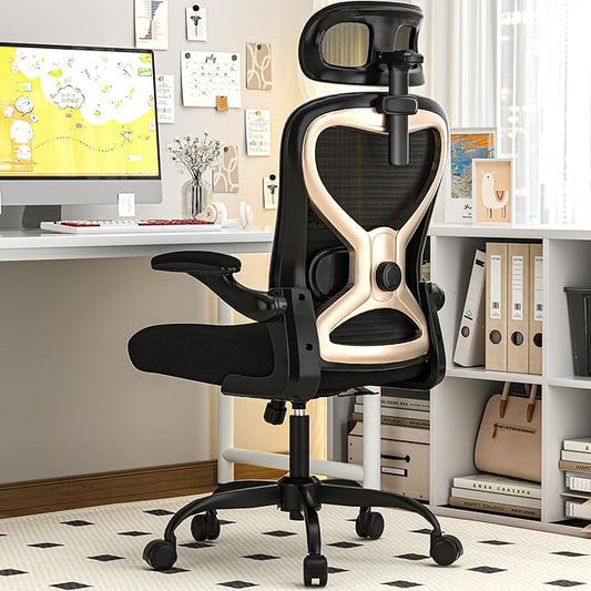 Office Chair for Back & Neck Pain Relief, Virgin Foam Seat, 2D Adjustable Lumbar & 3D Headrest, Flip-Up Armrests, Tilt & Rock for Relaxation, Black/Gold