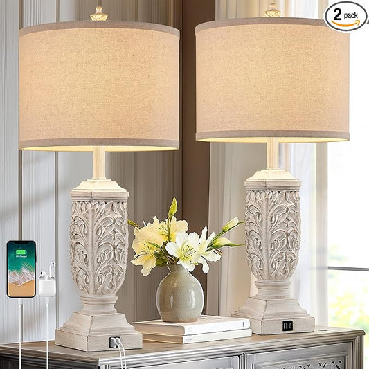 Table Lamps Set of 2 for Living Room, Farmhouse Bedside Lamp with USB C+A for Bedroom, 28.5" Tall Rustic Nightstand Lamps with Linen Fabric Shade,White Elegante Lamps for Hotel Office Decor