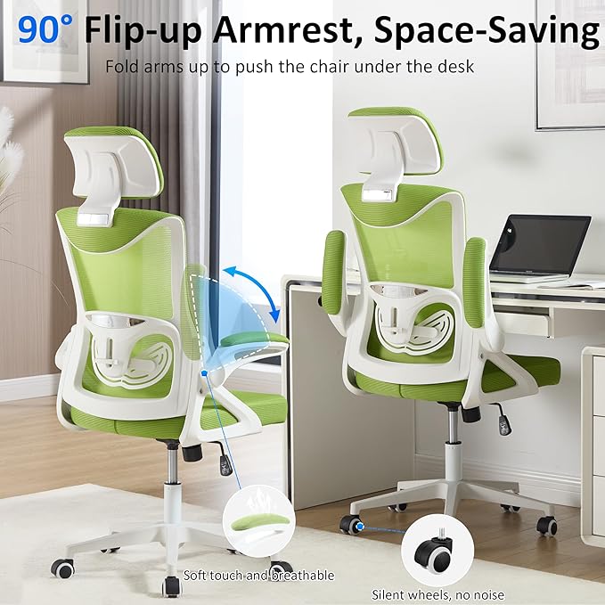 Fizzin Ergonomic Office Chair,Ergonomic Desk Chair with Headrest Mesh Computer Chair with High Back Adjustable Lumbar Support, Rolling Swivel Chairs with Wheel Armrests for Home Office (Green)