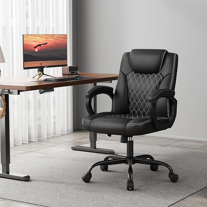 Misolant Office Chair, Executive Desk Chair, PU Leather Comfortable Executive Chairs with Fixed Armrest, Adjustable Height, Rocking Function, 360° Swivel Wheels, Black