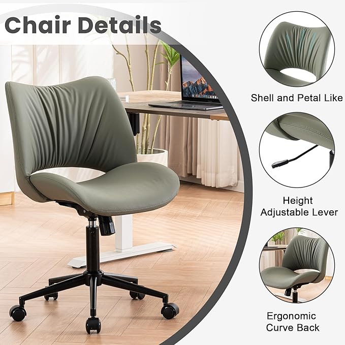 Rowill Armless Office Desk Chair, Ergonomic PU Leather Modern Task Chair with Back Adjustable Height, 360° Swivel Vanity Chairs with Wheels for Small Space, Home Office, Bedroom, Olive Green
