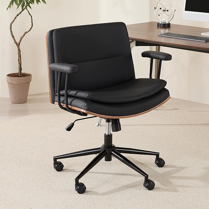 Criss Cross Chair with Armrests & Wheels, PU Leather Adjustable Swivel Walnut Task Chair with Wide Seat, Ergonomic Mid Back Computer Office Desk Chairs for Meeting Room, Home