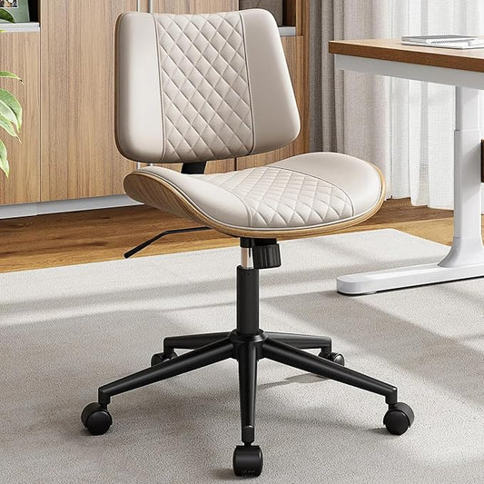 Home Office Chair with Wheels, Armless Office Desk Chair Adjustable Height, Swivel Rolling Modern Walnut Mid Back Computer Task Chair for Home Office, Small Space, Beige, Lozenge Pattern
