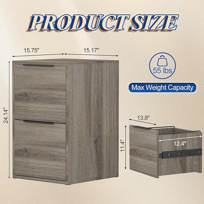 LUCYPAL 2 Drawer File Cabinet,Vertical File Cabinets for Home Office,Wood File Cabinets with Hanging Bar for Letter Size,Oak