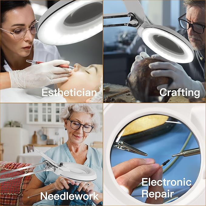 10X Magnifying Glass with Light and Stand,LED Dimmable Lighted Desk Lamp with Clamp,Magnifier Hands Free-Adjustable Stainless Steel Arm,for Crafts Hobbies Reading Painting Sewing Diamond Close Work