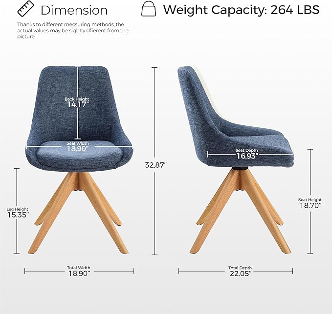 Zouron Swivel Desk Chair No Wheels, Modern Armless Office Chair with Wooden Legs, Fabric Side Chairs for Small Space Bedroom Office, Blue
