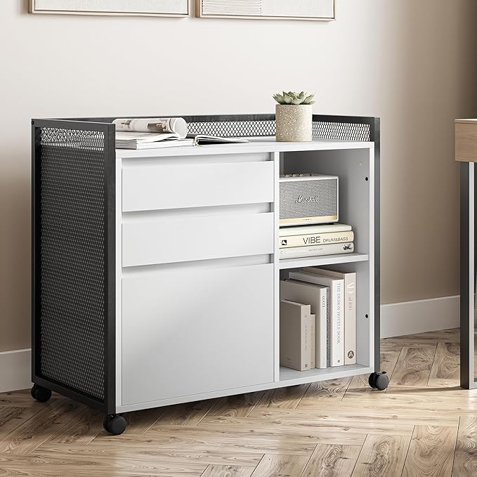 BELLEZE 3-Drawer Mobile File Cabinet Desk with Ultra-Fast USB Type A/C Outlet, Rolling Printer Stand with 2-Tier Open Shelves, Lateral Filing Cabinet for Home Office (Rider Desk - White)