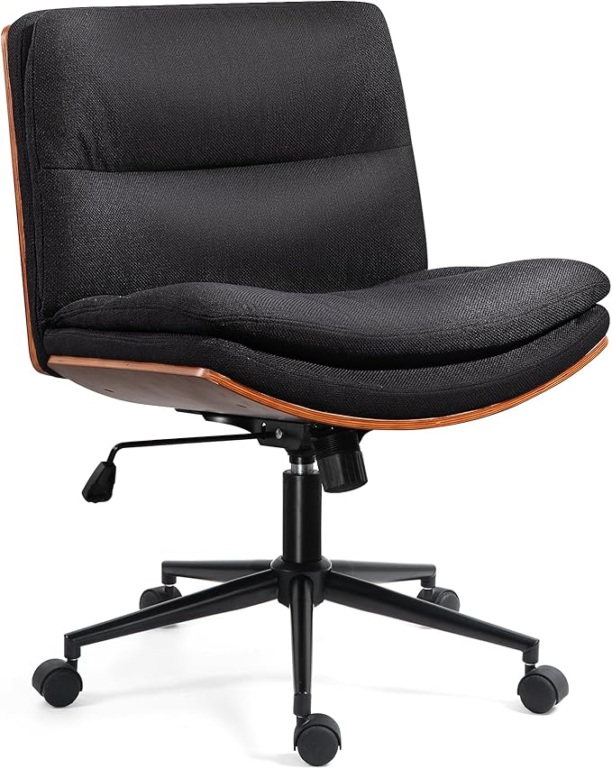 Office Chair, Criss Cross Legged Office Desk Chairs with Wheels, PU Leather Adjustable Wide Swivel Walnut Task Chair with Linen Fabric, Ergonomic Mid Back Computer Chair for Meeting Room, Home