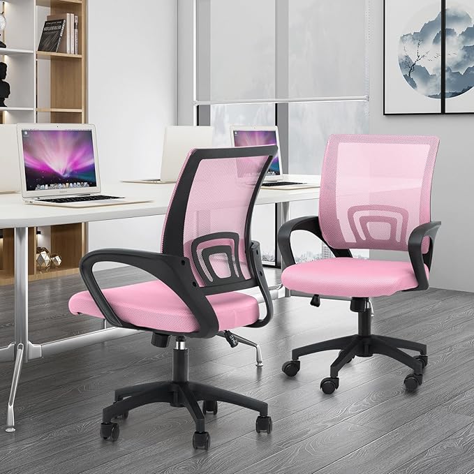 Athena Collection Computer Office Chair Set of 2, Ergonomic Desk Chair with Rolling Wheels, Mesh Back Support and Height Adjustable, Small and Comfy for Home Office, Study, Pink