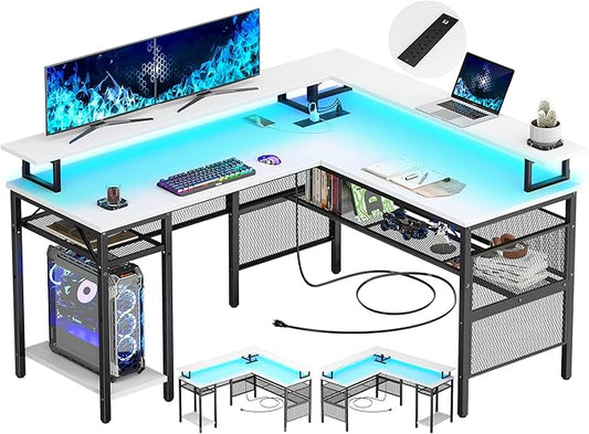 Unikito L Shaped Computer Desk with LED Strip and Power Outlets, Reversible Corner Desk with Monitor Stand and Storage Shelf, Modern Gaming Home Office Table with USB Ports, White