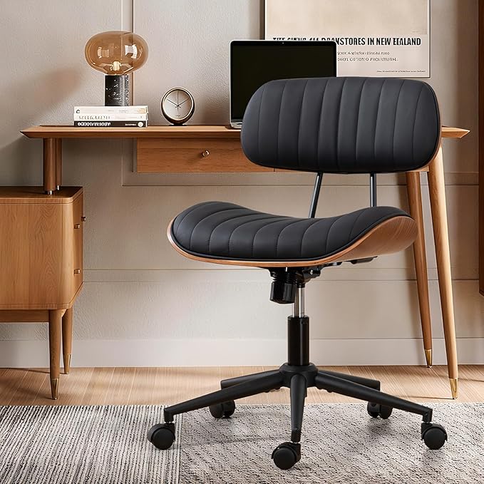 Home Office Chair with Wheels, Adjustable Height Desk Chair Leather Swivel Computer Chair, Armless Modern Walnut Chair for Office, Meeting Room, Black