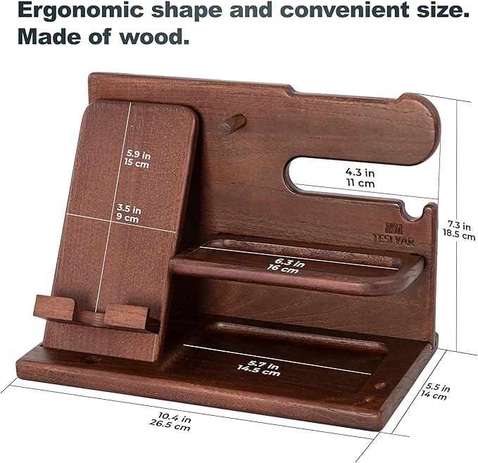 TESLYAR Wood Phone Docking Station for Men - Desk or Nightstand Organizer - Birthday Gifts for Husband or Dad - Anniversary Idea from Wife - Key Holder - Stand Wallet, Watch & Essentials (Chestnut)