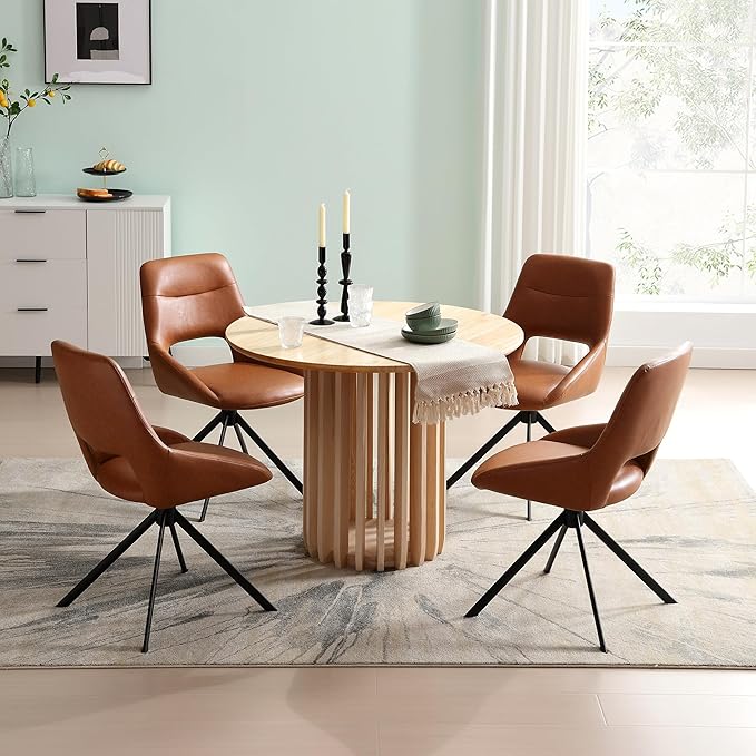 Mid Century Modern Desk Chair No Wheels Set of 1, Faux Leather Swivel Dining Chair with Metal Legs, Swivel Accent Chair Armchair for Small Spaces, Home Office, Living Room, Bedroom, Browm