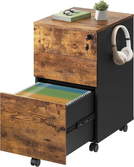 DEVAISE 3 Drawer Rolling File Cabinet with Lock, Wood Under Desk Filing Cabinet fits Letter/Legal/A4 Size for Home Office, Rustic Brown