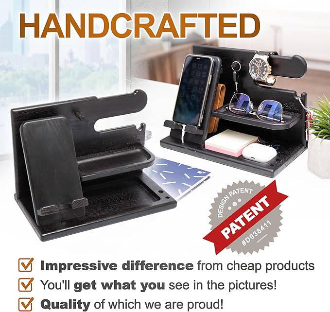 TESLYAR Wood Phone Docking Station for Men - Desk or Nightstand Organizer - Birthday Gifts for Husband, Dad - Anniversary Idea from Wife - Key Holder, Stand Wallet, Watch & Essentials (Granite Black)