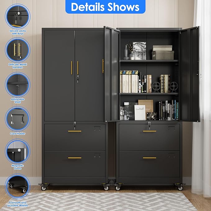 METAN Metal File Cabinet with 2 Drawers and 2 Shelves,Office Filing Cabinet on Wheels with Lock,Office Storage for Letter/Legal Size,Assembly Required,Black