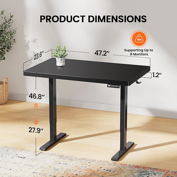 ErGear 48" x 24" Whole Piece Desktop Electric Standing Desk, Thick Height Adjustable Desk with 4 Height Memory, Home Office Computer Table with Cable Management Tray, Black