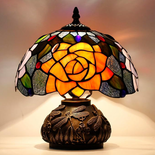 Small Tiffany Table Lamp Yellow Purple Rose Style Stained Glass Desk Lamp 10X11.5 Inch Mushroom Table Light for Office Home Living Room Bedroom