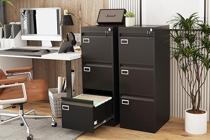 3 Drawer File Cabinet with Lock, Metal Vertical Filing Storage Cabinet, Black Filing Cabinets for Home Office, Narrow File Cabinet Locked for A4/F4/Letter/Legal, Easy Assemble