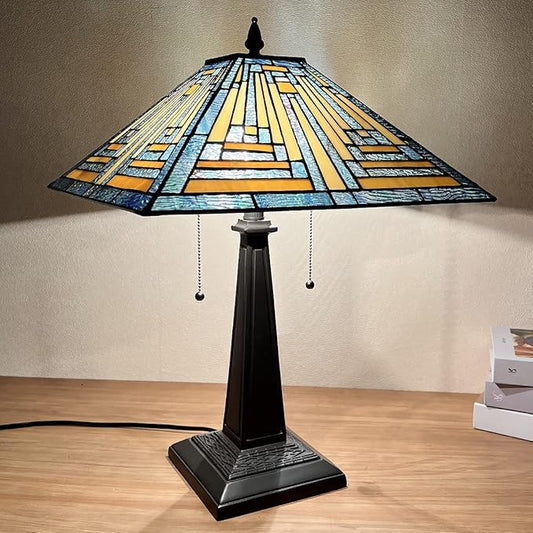 Tiffany Table Lamps 16" Wide Handmade Stained Glass Desk Lamp for Reading 2 Lights Blue Mission Style Antique Table Light for Living Room Bedroom Home Office