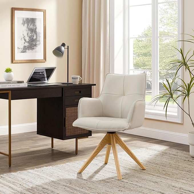 Art Leon Mid Century Modern Swivel Accent Chair - Home Office Desk Chair No Wheels, Genuine Leather Upholstered Armchair with Oak Wood Legs for Small Space Living Room Bedroom, Off White