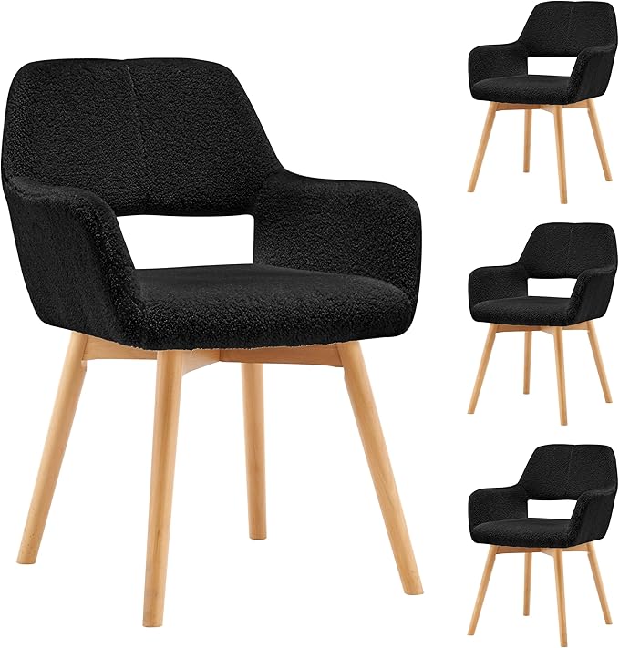 Mid Century Modern Dining Chairs Set of 4 & 2 & 6 Comfy Accent Chair Upholstered Kitchen Dining Living Room Chairs for Bedrooms Waiting Room Home Arm Desk Chair No Wheels (Wool Black, 4)