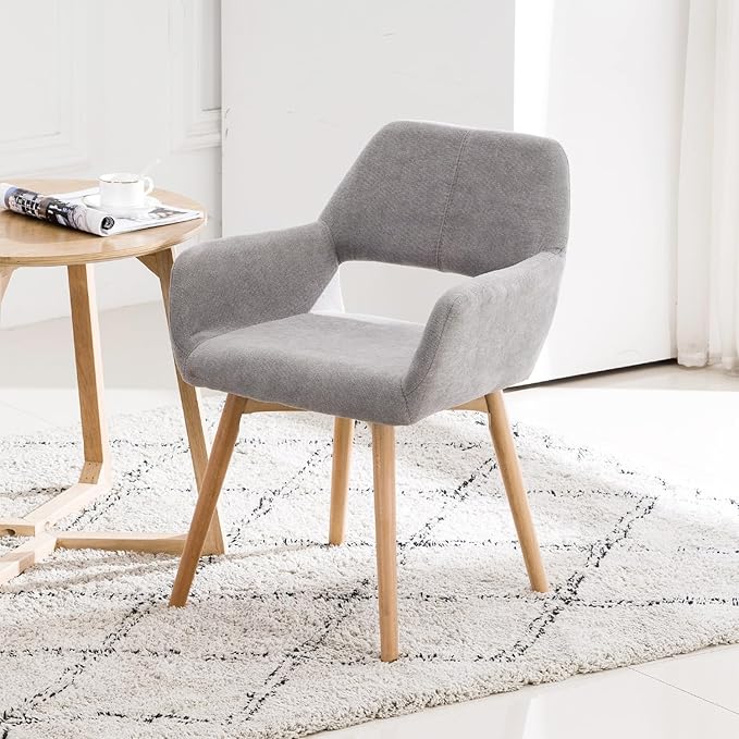 Desk Chair No Wheels Comfy Accent Chair for Living Dining Room Bedroom Vanity Chair Makeup Chair Home Office Mid Century Modern Upholstered Armchair Sofa (Gray, 1)